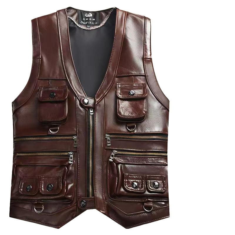 Motorcycle Gear Vest - メンズ本革カウハイドレザーベスト,ノースリーブ,厚手のオートバイベスト,マルチポケットベルト,バイカーベスト,2023