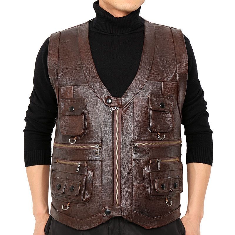 Motorcycle Gear Vest - 牛革本革ベストチョッキ男性服ジャケット厚いオートバイマルチポケットレザーバイカー男性安全ベスト JJ134
