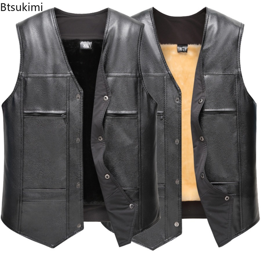 Motorcycle Gear Vest - 秋冬新メンズレザーベストフリース裏地暖かいチョッキファッション V ネックノースリーブベストジャケットハンサムなオートバイのベスト