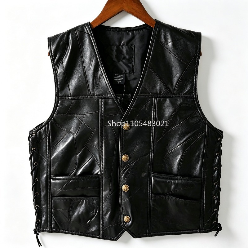Motorcycle Gear Vest - メンズブラックパッチワークレザーバイカーベスト、ボタン留めノースリーブモーターサイクルジャケット、レースアップサイド＆ポケット付き、ストリートウェア向け