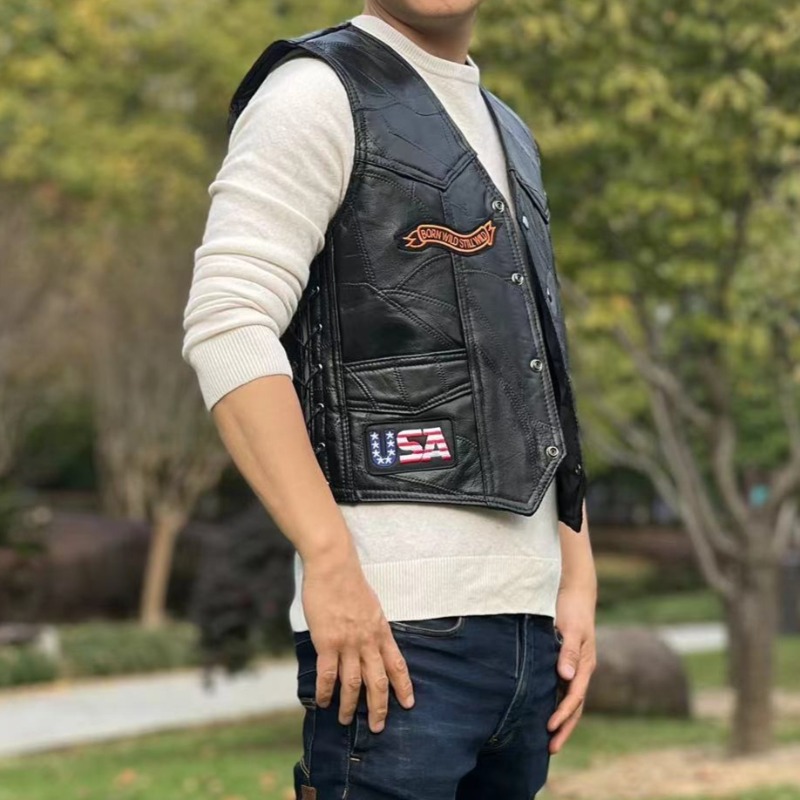 新しいオートバイベスト男性カフェモトストリートジャケット革ラ - Motorcycle Gear Vest のレビューと価格