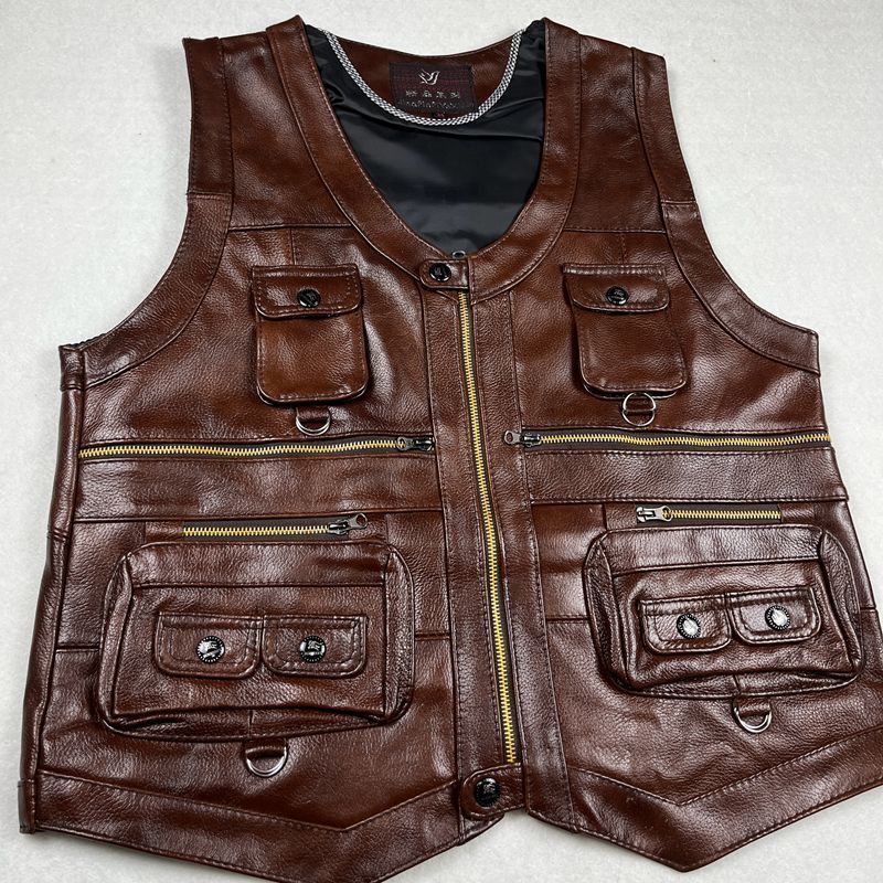 牛革本革ベストチョッキ男性服ジャケット厚いオートバイマルチポ - Motorcycle Gear Vest のレビューと価格