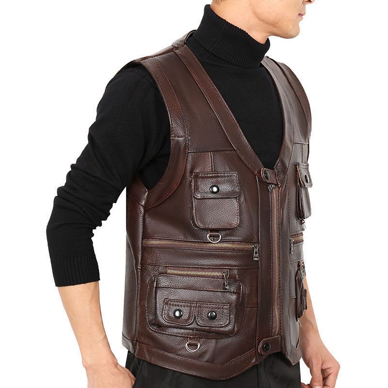 牛革本革ベストチョッキ男性服ジャケット厚いオートバイマルチポ - Motorcycle Gear Vest のレビューと価格