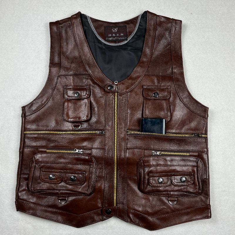 牛革本革ベストチョッキ男性服ジャケット厚いオートバイマルチポ - Motorcycle Gear Vest のレビューと価格