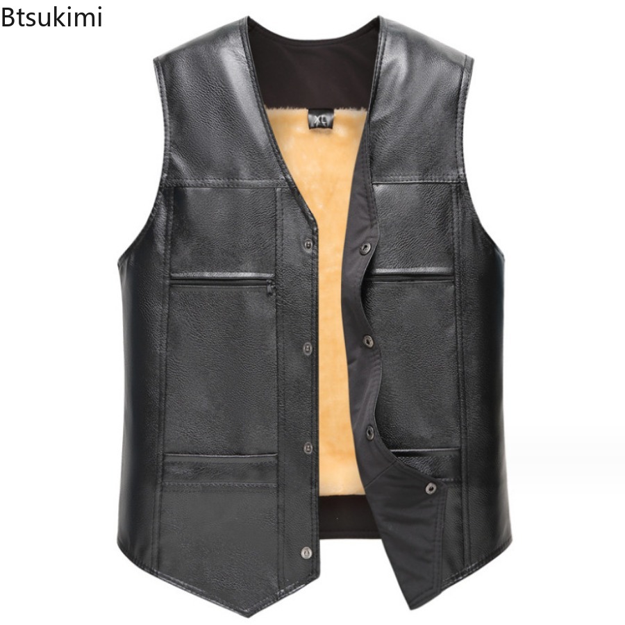 秋冬新メンズレザーベストフリース裏地暖かいチョッキファッショ - Motorcycle Gear Vest のレビューと価格