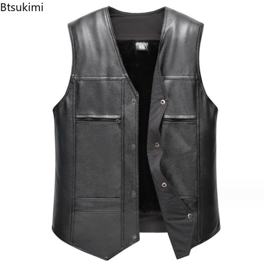 秋冬新メンズレザーベストフリース裏地暖かいチョッキファッショ - Motorcycle Gear Vest のレビューと価格
