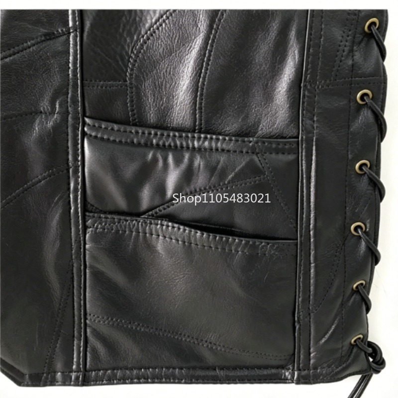 メンズブラックパッチワークレザーバイカーベスト、ボタン留めノ - Motorcycle Gear Vest のレビューと価格